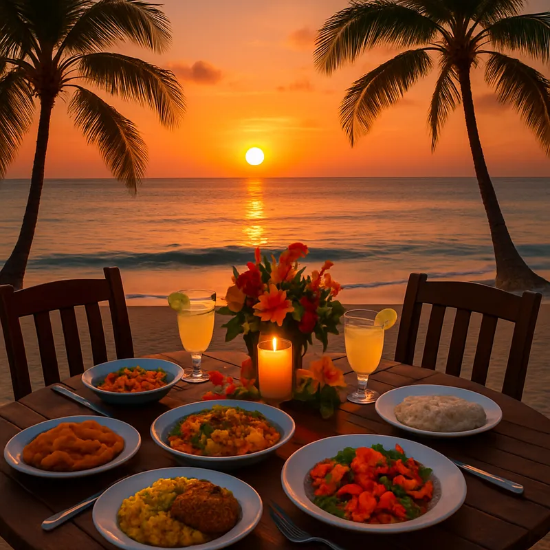 Karibisches Abendessen bei Sonnenuntergang