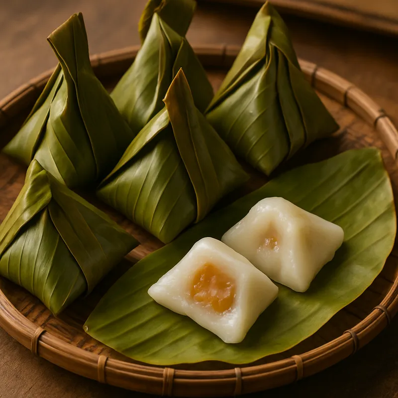 Khanom Baan Haw (In Bananenblätter gewickelte süße Klößchen)