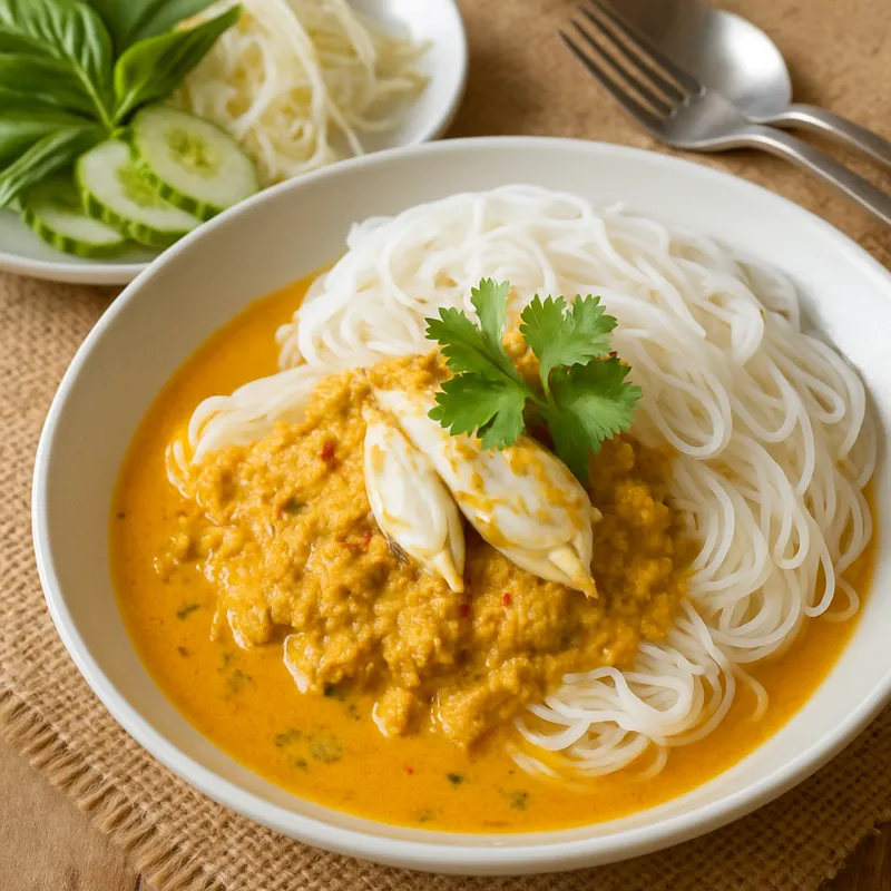 Khanom Jeen Gaeng Poo (Reisnudeln mit Krabben-Curry)