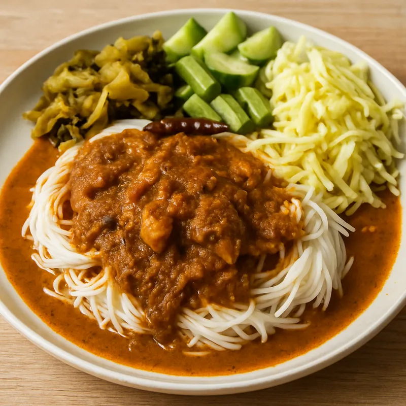 Khanom Jeen Gaeng Tai Pla (Südthailändisches Curry mit fermentierter Fischsauce und Nudeln)