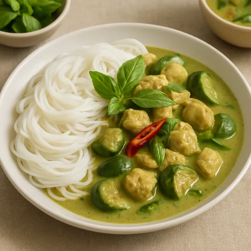 Khanom Jeen Kaeng Khiao Wan (Reisnudeln mit Thai-Grüncurry)