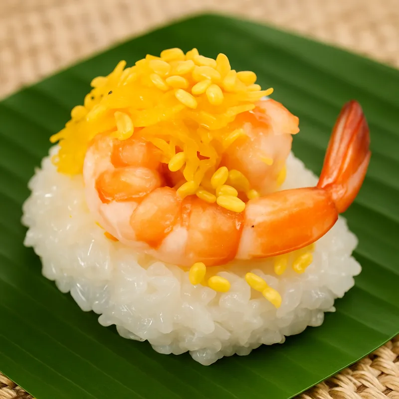 Khanom Khao Neow Na Goong (Garnelen-Klebreis-Süßigkeit)