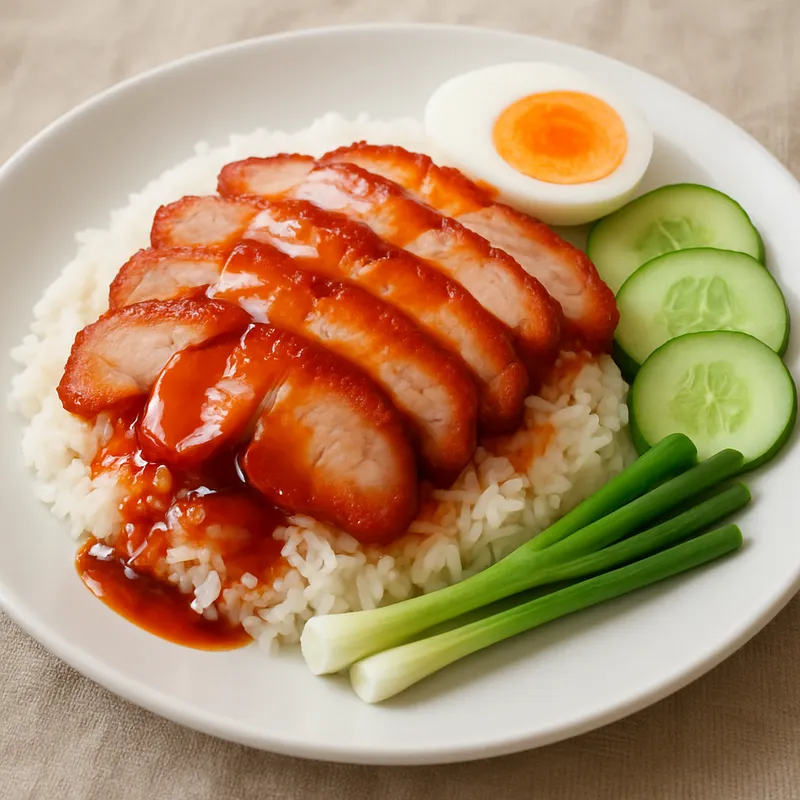 Khao Moo Daeng (Roter Schweinebraten auf Reis)