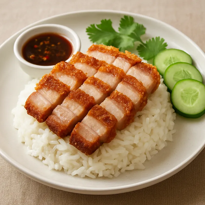 Khao Moo Krob Rad Khao (Knuspriger Schweinebauch mit Reis)