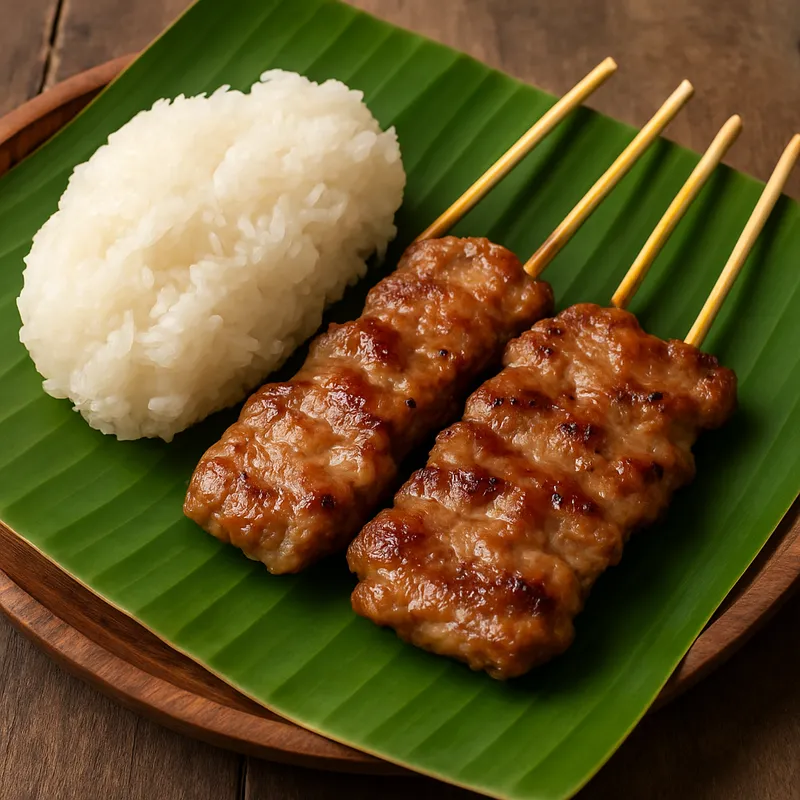 Khao Niew Moo Ping (Isan Klebreis mit gegrilltem Schweinefleisch)