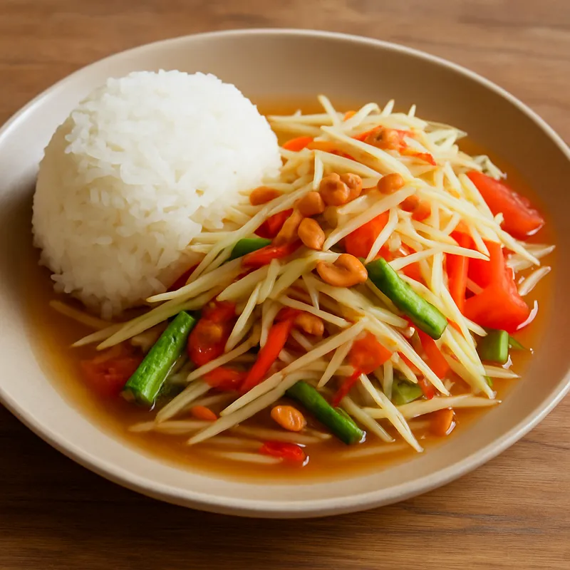 Khao Niew Som Tam (Klebreis mit Papayasalat)