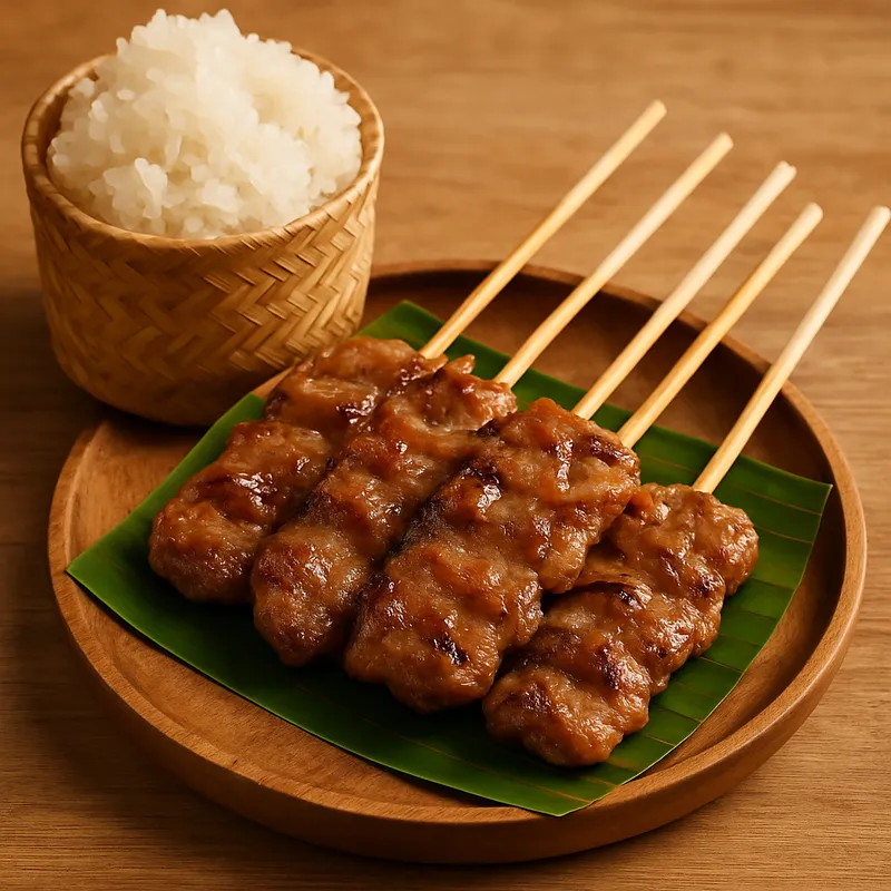 Klebreis mit gegrillten Schweinefleischspießen (Khao Neow Moo Ping)