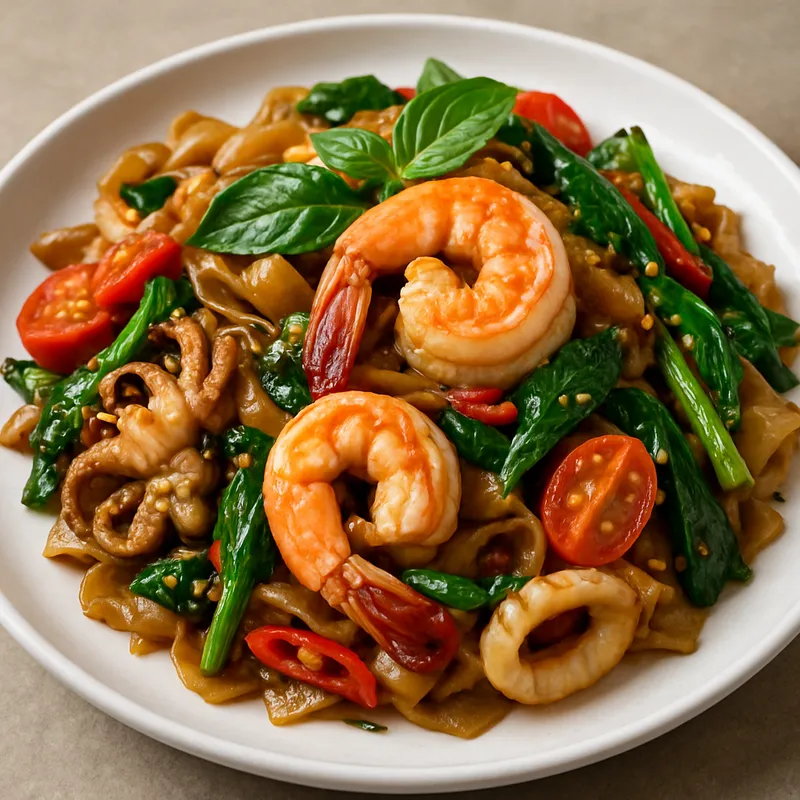 Kuay Teow Pad Kee Mao mit Meeresfrüchten (Betrunkene Nudeln mit Meeresfrüchten)