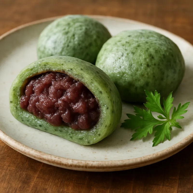 Kusamochi mit Anko (Japanischer Beifuß-Reiskuchen mit süßer roter Bohnenpaste)