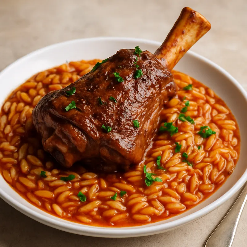 Lammhaxe Youvetsi (Griechische Lammhaxe mit Kritharaki aus dem Ofen)