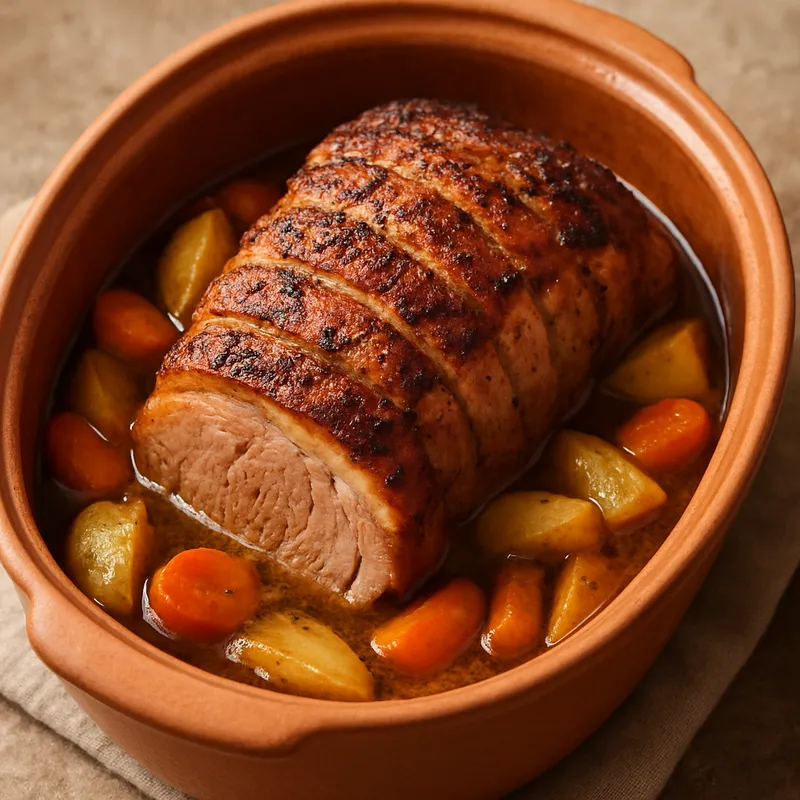 Langsam gegarter Schweinebraten im Tontopf