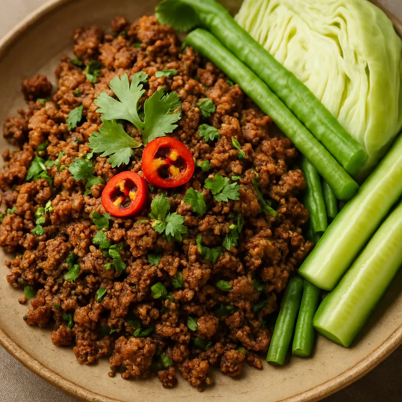 Larb Kua Moo (Nordthailändisches gebratenes Schweinehack-Laab)