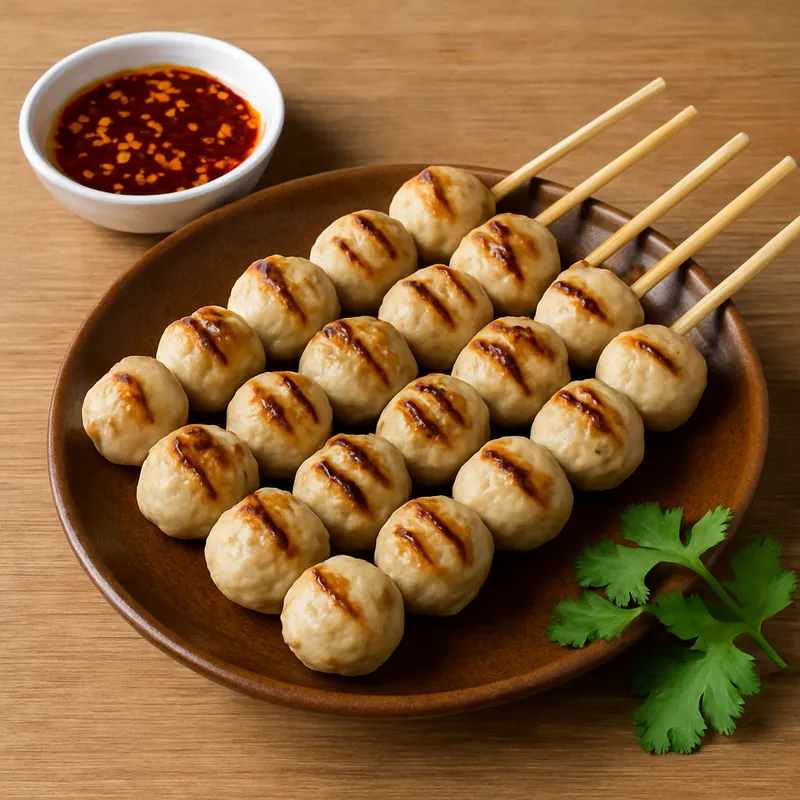Look Chin Ping (Thailändische gegrillte Fleischbällchen am Spieß)