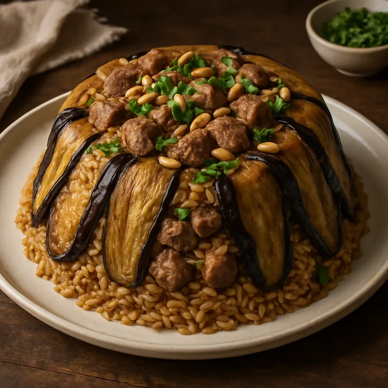 Maklube (Umgekehrter Reis mit Fleisch und Aubergine)