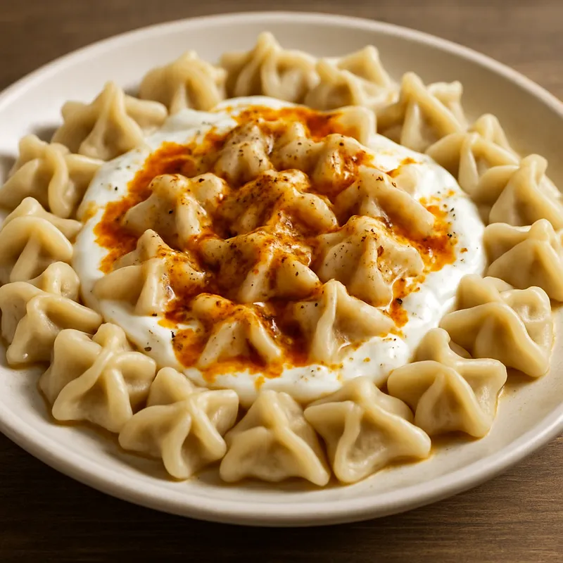 Mantı (Türkische Teigtaschen mit Joghurt und Knoblauch)