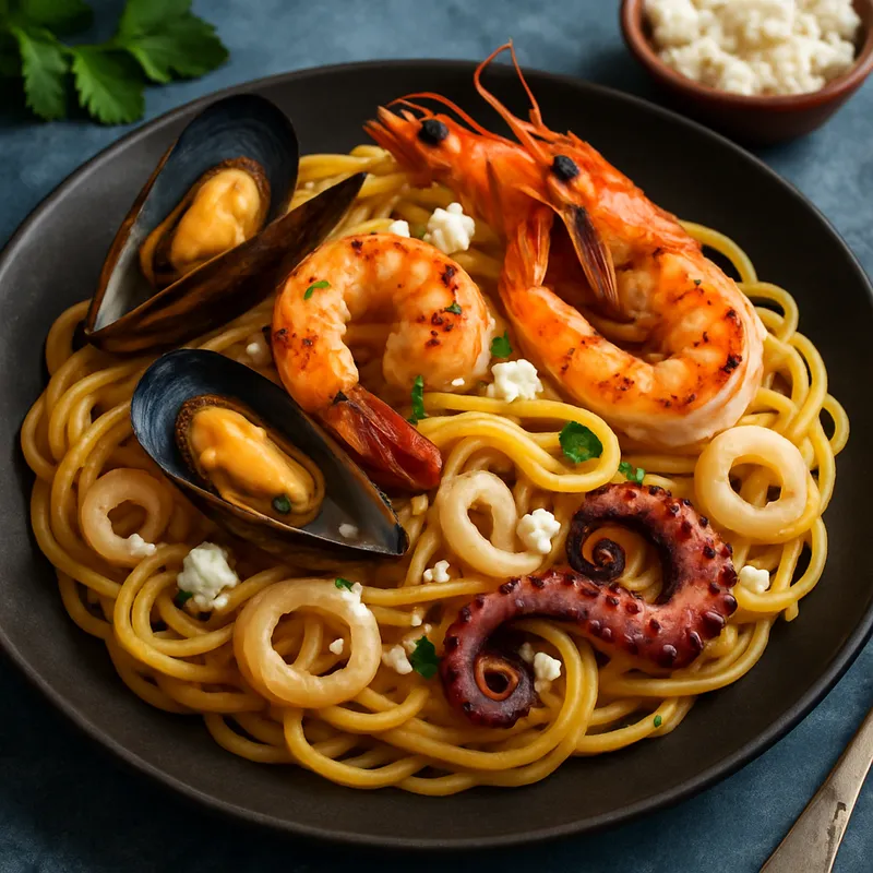 Meeresfrüchte-Pasta auf griechische Art