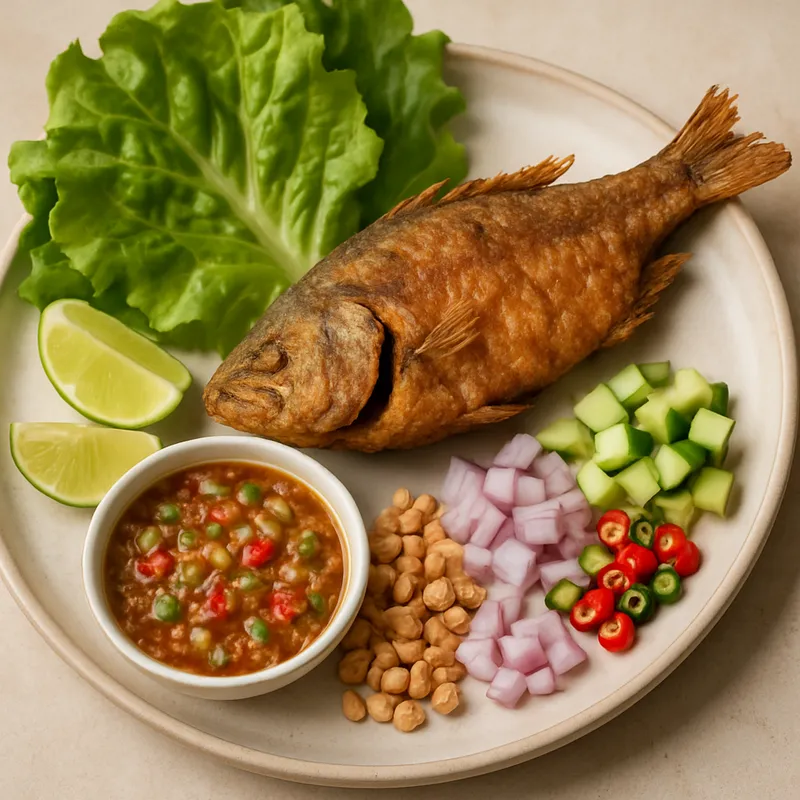 Miang Pla Thod (Gebratener Fisch im Salatblatt)