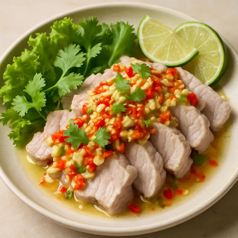 Moo Manao (Gekochtes Schweinefleisch mit Limetten-Knoblauch-Chili)