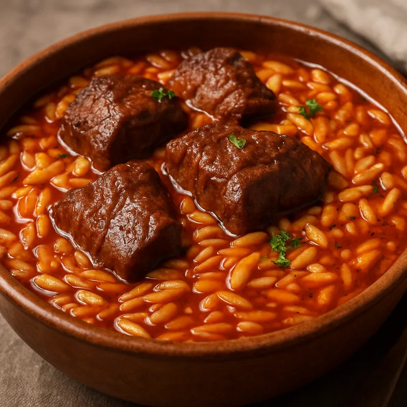 Moschari Giouvetsi (Rindfleisch mit Kritharaki)