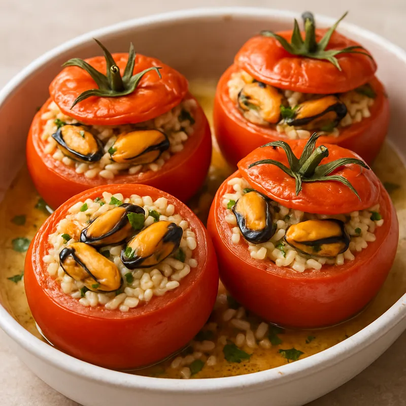 Mit Muscheln und Reis gefüllte Tomaten
