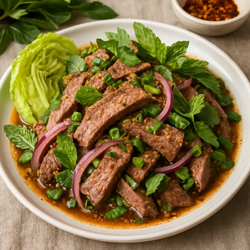 Nam Tok Neua (Klassischer Thai-Rindfleisch-Wasserfallsalat)