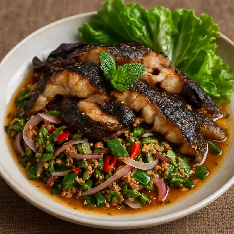 Nam Tok Pla Duk (Gegrillter Wels-Wasserfall-Salat)