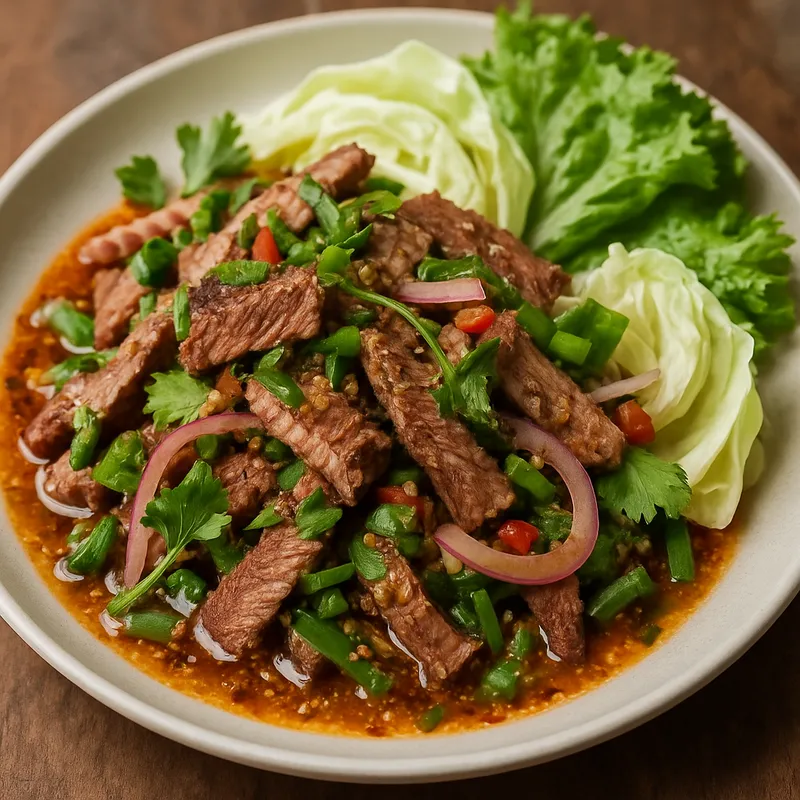 Neua Yang Nam Tok (Gegrillter Rindfleisch-Wasserfall-Salat)