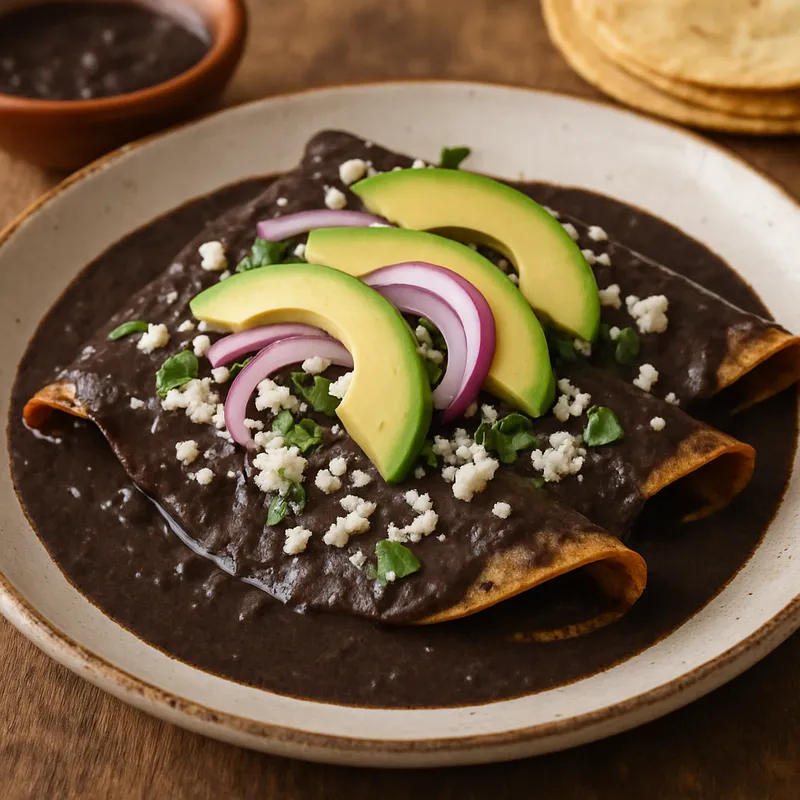 Oaxacanische Enfrijoladas (Tortillas in schwarzer Bohnensauce)