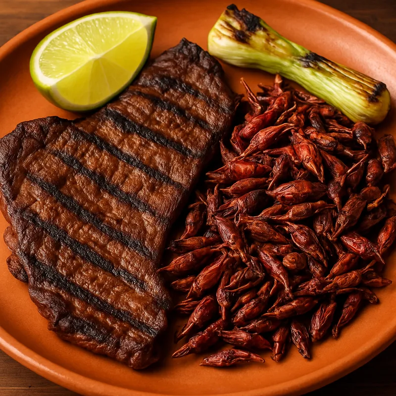 Oaxacanisches Tasajo mit Chapulines (Gegrilltes Rindfleisch mit Heuschrecken)