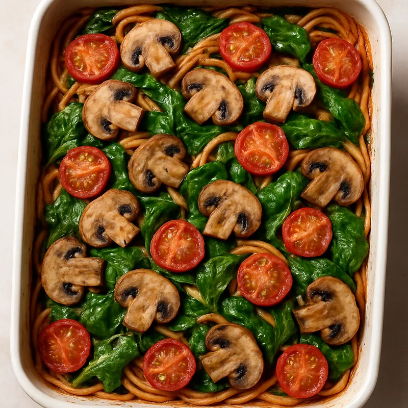 Ofenspaghetti mit Champignons, Blattspinat und Tomaten