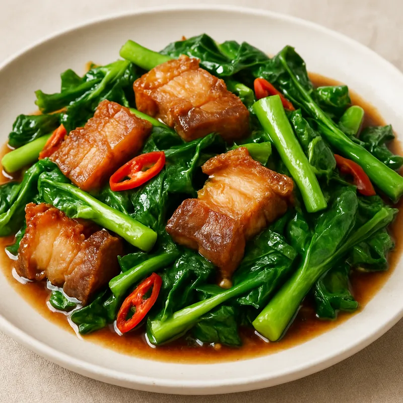 Pad Khana Moo Krop Kale (Gebratener knuspriger Schweinebauch mit Grünkohl)