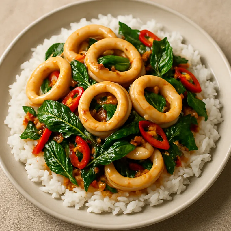 Pad Kra Pao Pla Muek (Tintenfisch-Pfanne mit Heiligem Basilikum)