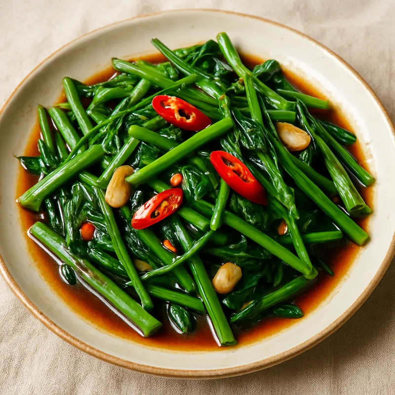 Pad Pak Boong Fai Daeng (Scharf angebratener Wasserspinat)