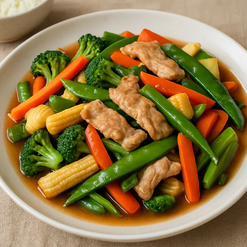 Pad Pak Ruam Moo (Gemischtes Gemüse mit Schweinefleisch im Wok)