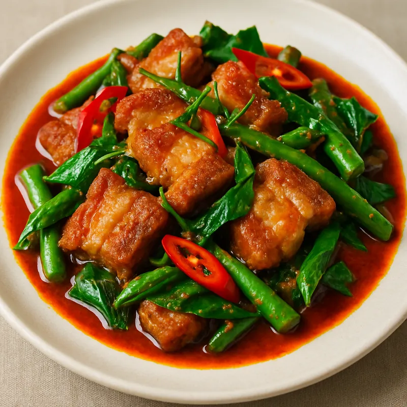 Pad Prik Gaeng Moo Krop (Gebratenes knuspriges Schweinefleisch mit roter Currypaste)