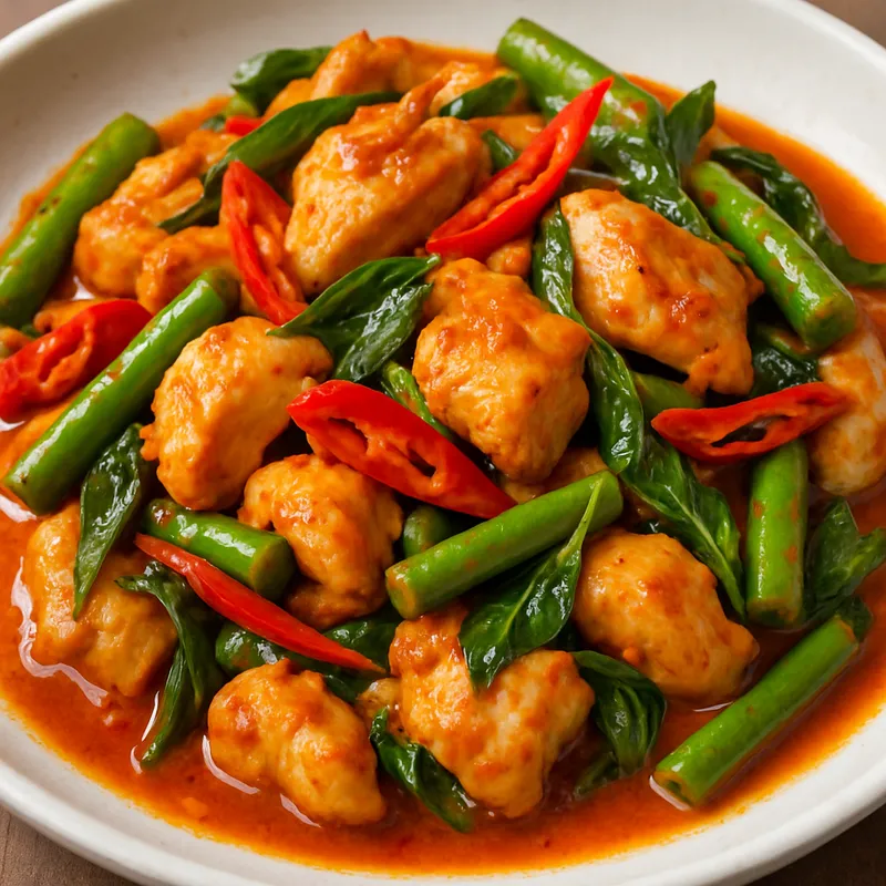 Pad Prik Gaeng mit Hähnchen (Gebratenes rotes Curry mit Hähnchen)