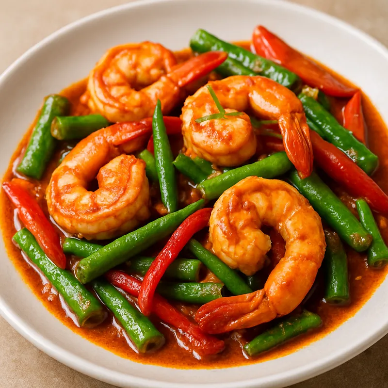 Pad Prik Gaeng mit Garnelen (Gebratenes rotes Curry mit Garnelen)