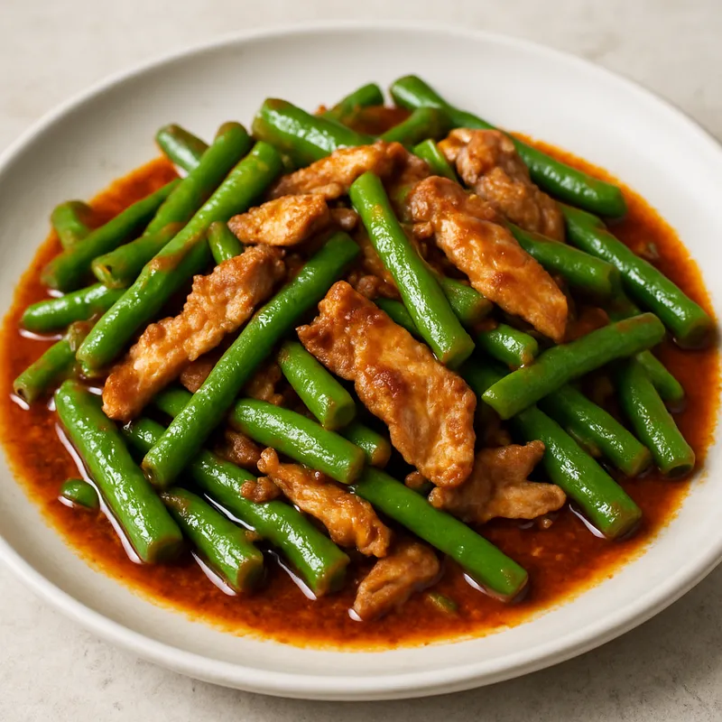 Pad Prik King mit grünen Bohnen und Schweinefleisch