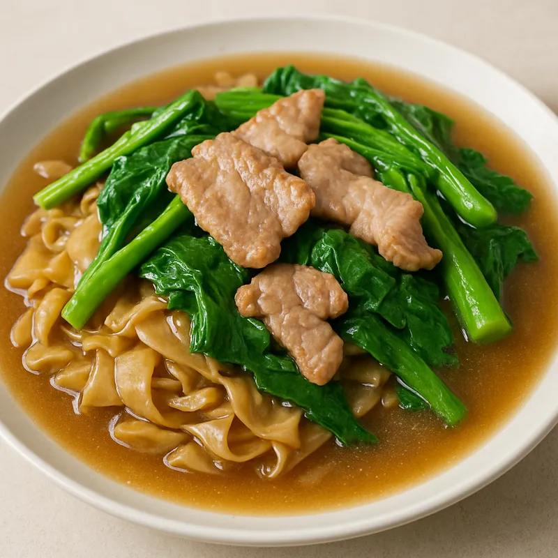 Pad Rad Na – Gebratene Reisnudeln mit Soße und Schweinefleisch