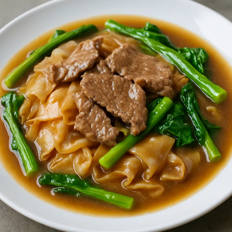 Pad Rad Na mit Rind (Gebratene breite Reisnudeln mit Rind in Soße)