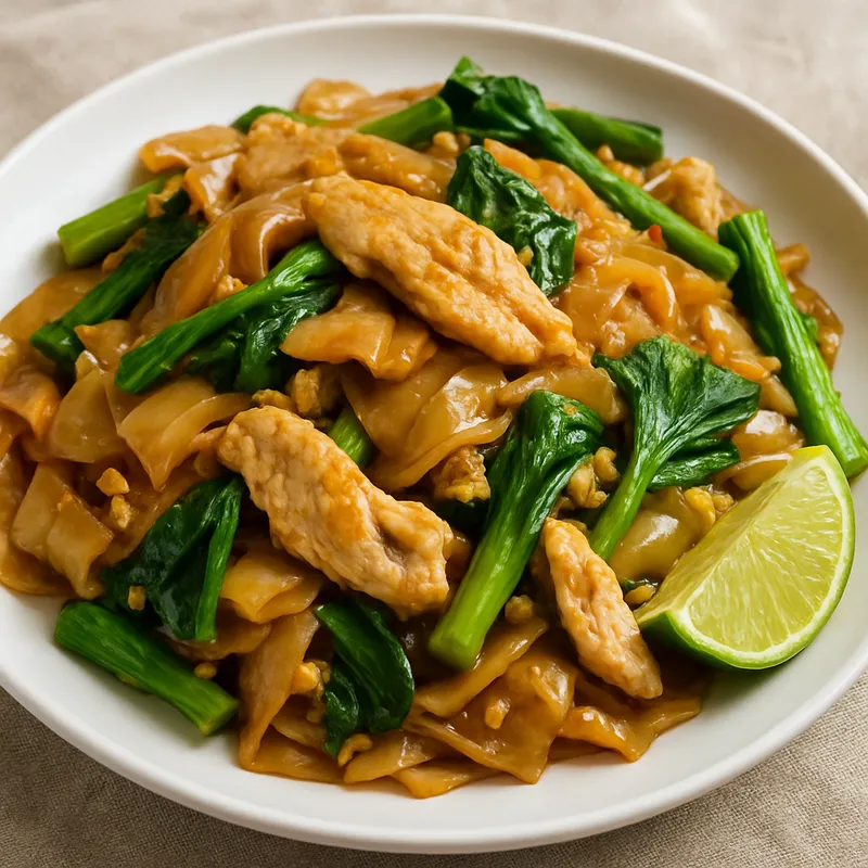 Pad Rad Na mit Hähnchen (Thailändische gebratene breite Reisnudeln mit Hähnchen)
