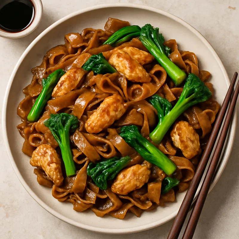 Pad See Ew – Gebratene Reisnudeln mit Hähnchen in Sojasoße