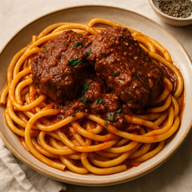 Pastitsada Korfu (Rindfleisch-Nudeln nach Korfu-Art)