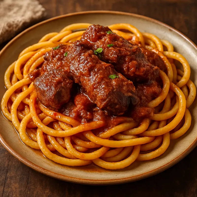 Pastitsada von den Ionischen Inseln (Geschmortes Fleisch mit Pasta)