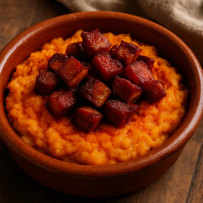 Patatas Revolconas aus der Extremadura (Kartoffelpüree mit Paprika und knusprigem Schweinefleisch)