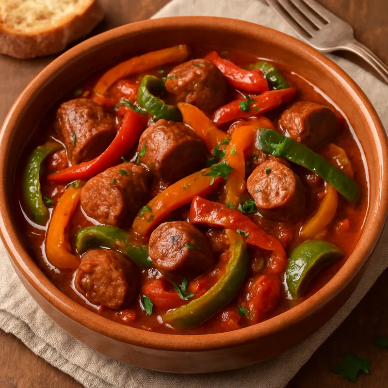 Pelion Spetzofai (Griechischer Wurst-Paprika-Eintopf)