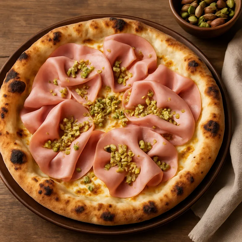 Pizza mit Mortadella und Pistazien