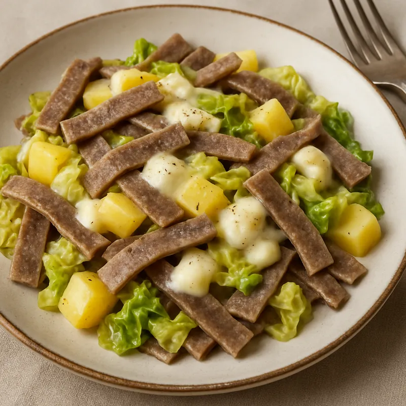 Pizzoccheri della Valtellina (Buchweizennudeln mit Gemüse und Käse)