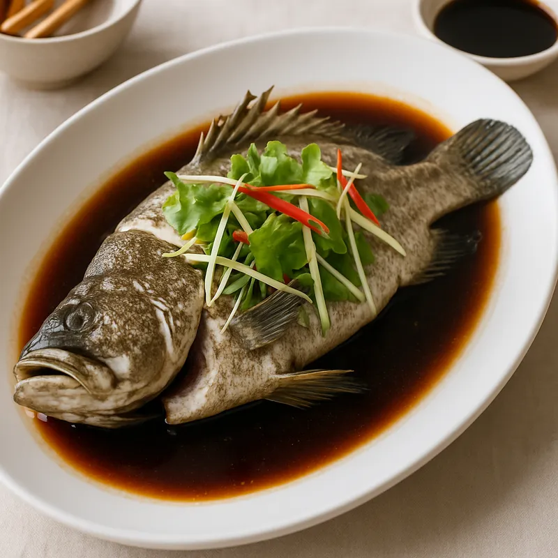 Pla Kao Neung See Ew (Gedämpfter Zackenbarsch mit Sojasoße)