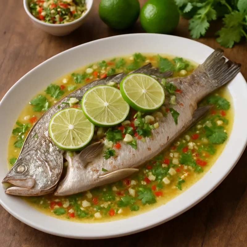 Pla Kapong Neung Bai Manao (Gedämpfter Wolfsbarsch mit Limette und Knoblauch)